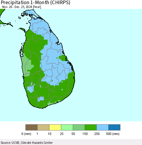 Sri Lanka Precipitation 1-Month (CHIRPS) Thematic Map For 11/26/2024 - 12/25/2024