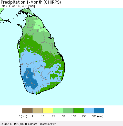 Sri Lanka Precipitation 1-Month (CHIRPS) Thematic Map For 3/11/2025 - 4/10/2025