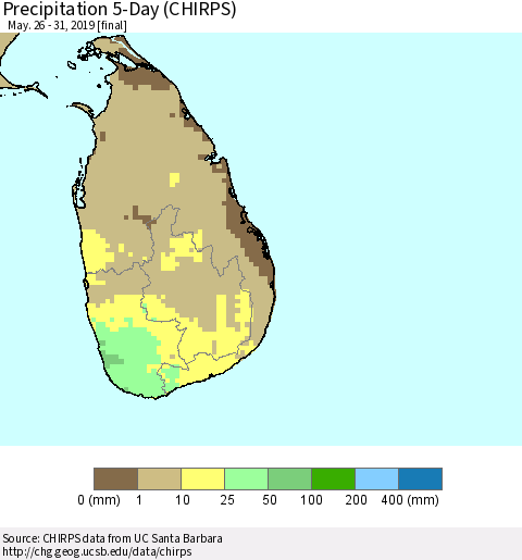 Sri Lanka Precipitation 5-Day (CHIRPS) Thematic Map For 5/26/2019 - 5/31/2019