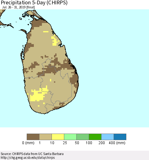 Sri Lanka Precipitation 5-Day (CHIRPS) Thematic Map For 7/26/2019 - 7/31/2019