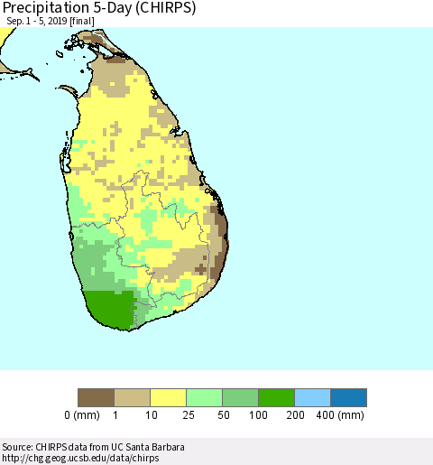 Sri Lanka Precipitation 5-Day (CHIRPS) Thematic Map For 9/1/2019 - 9/5/2019