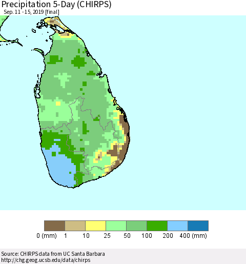 Sri Lanka Precipitation 5-Day (CHIRPS) Thematic Map For 9/11/2019 - 9/15/2019