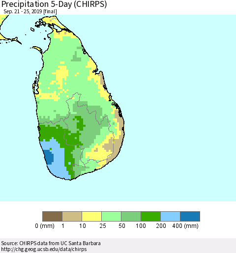 Sri Lanka Precipitation 5-Day (CHIRPS) Thematic Map For 9/21/2019 - 9/25/2019