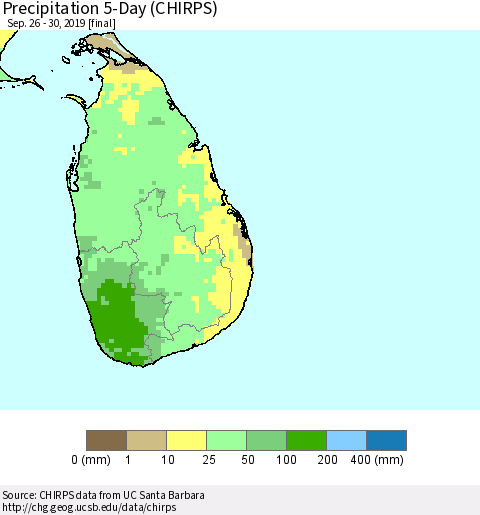 Sri Lanka Precipitation 5-Day (CHIRPS) Thematic Map For 9/26/2019 - 9/30/2019