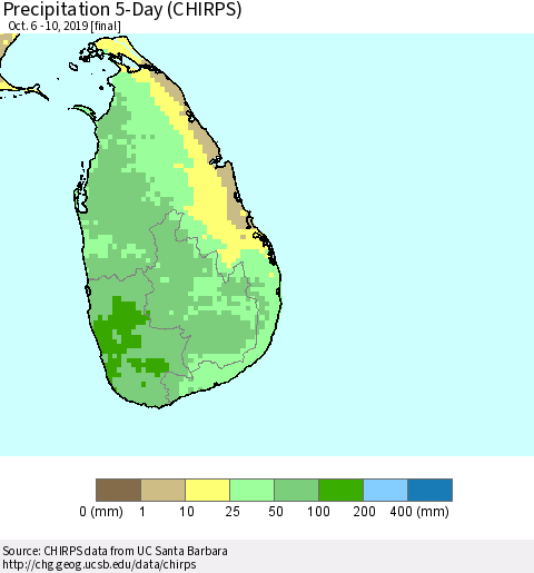 Sri Lanka Precipitation 5-Day (CHIRPS) Thematic Map For 10/6/2019 - 10/10/2019
