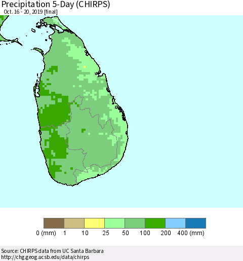 Sri Lanka Precipitation 5-Day (CHIRPS) Thematic Map For 10/16/2019 - 10/20/2019