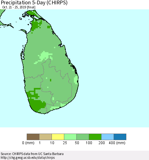 Sri Lanka Precipitation 5-Day (CHIRPS) Thematic Map For 10/21/2019 - 10/25/2019