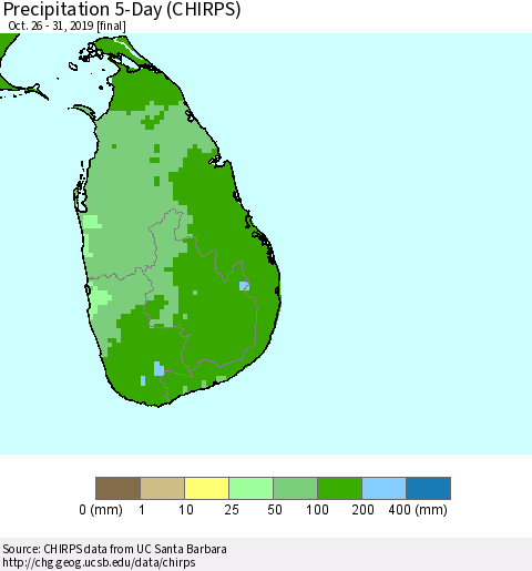 Sri Lanka Precipitation 5-Day (CHIRPS) Thematic Map For 10/26/2019 - 10/31/2019