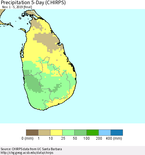 Sri Lanka Precipitation 5-Day (CHIRPS) Thematic Map For 11/1/2019 - 11/5/2019