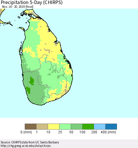 Sri Lanka Precipitation 5-Day (CHIRPS) Thematic Map For 11/16/2019 - 11/20/2019