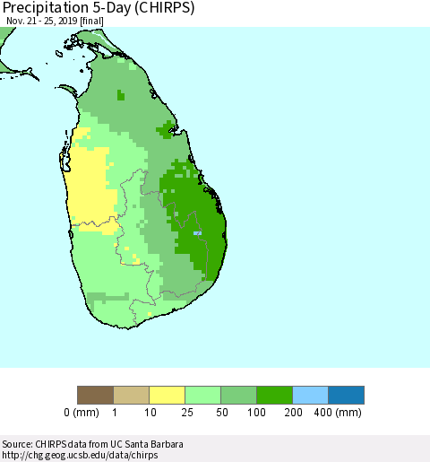 Sri Lanka Precipitation 5-Day (CHIRPS) Thematic Map For 11/21/2019 - 11/25/2019