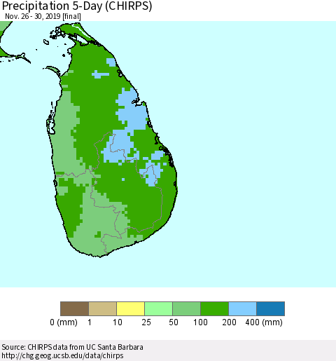 Sri Lanka Precipitation 5-Day (CHIRPS) Thematic Map For 11/26/2019 - 11/30/2019