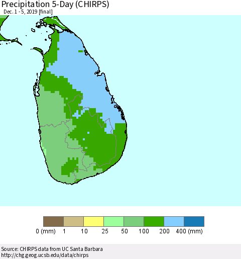 Sri Lanka Precipitation 5-Day (CHIRPS) Thematic Map For 12/1/2019 - 12/5/2019