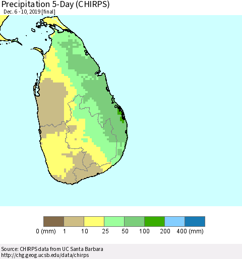 Sri Lanka Precipitation 5-Day (CHIRPS) Thematic Map For 12/6/2019 - 12/10/2019