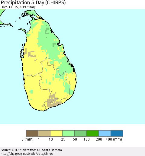 Sri Lanka Precipitation 5-Day (CHIRPS) Thematic Map For 12/11/2019 - 12/15/2019