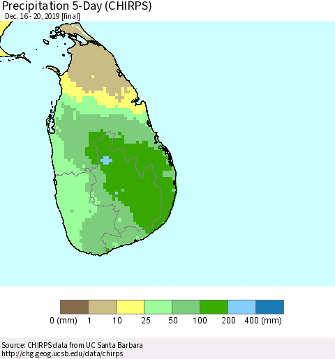 Sri Lanka Precipitation 5-Day (CHIRPS) Thematic Map For 12/16/2019 - 12/20/2019