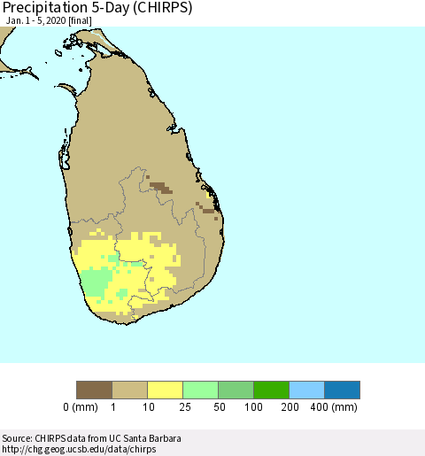 Sri Lanka Precipitation 5-Day (CHIRPS) Thematic Map For 1/1/2020 - 1/5/2020