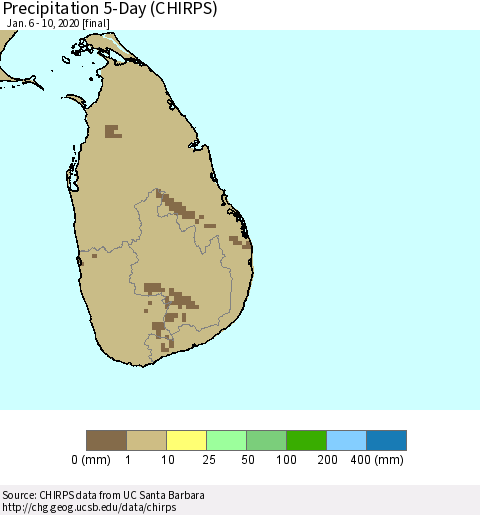 Sri Lanka Precipitation 5-Day (CHIRPS) Thematic Map For 1/6/2020 - 1/10/2020