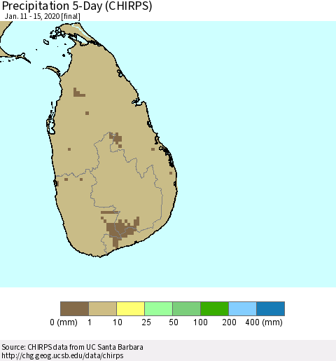 Sri Lanka Precipitation 5-Day (CHIRPS) Thematic Map For 1/11/2020 - 1/15/2020