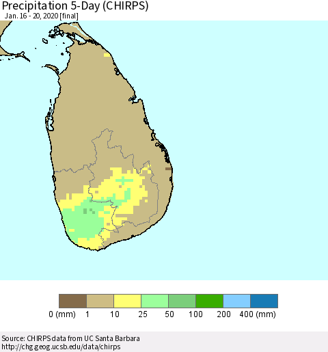 Sri Lanka Precipitation 5-Day (CHIRPS) Thematic Map For 1/16/2020 - 1/20/2020