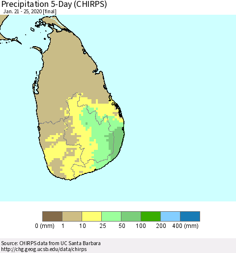 Sri Lanka Precipitation 5-Day (CHIRPS) Thematic Map For 1/21/2020 - 1/25/2020