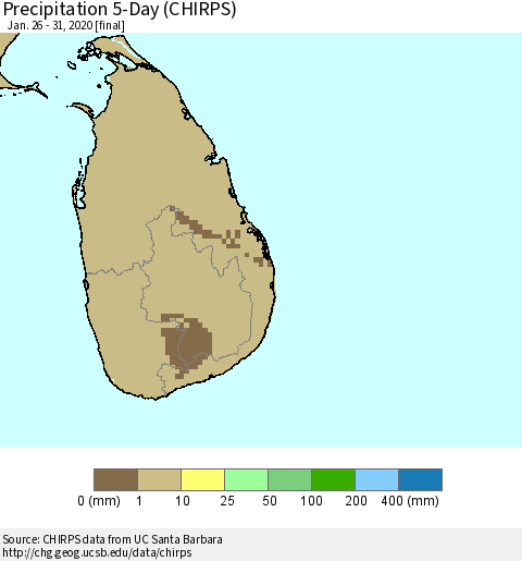 Sri Lanka Precipitation 5-Day (CHIRPS) Thematic Map For 1/26/2020 - 1/31/2020