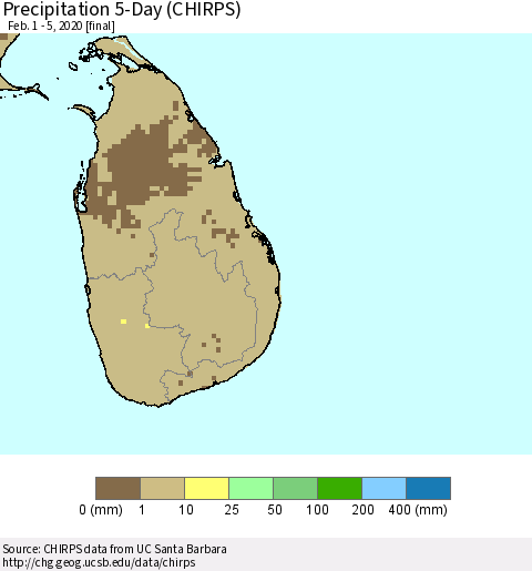 Sri Lanka Precipitation 5-Day (CHIRPS) Thematic Map For 2/1/2020 - 2/5/2020