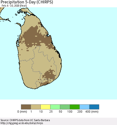 Sri Lanka Precipitation 5-Day (CHIRPS) Thematic Map For 2/6/2020 - 2/10/2020