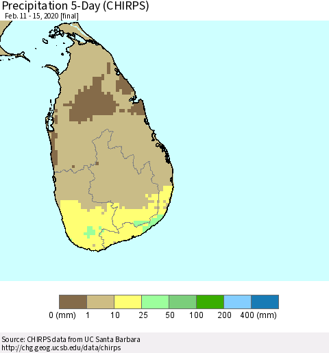Sri Lanka Precipitation 5-Day (CHIRPS) Thematic Map For 2/11/2020 - 2/15/2020