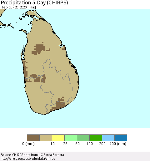 Sri Lanka Precipitation 5-Day (CHIRPS) Thematic Map For 2/16/2020 - 2/20/2020