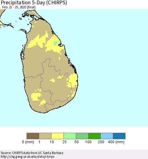 Sri Lanka Precipitation 5-Day (CHIRPS) Thematic Map For 2/21/2020 - 2/25/2020