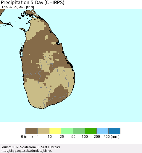 Sri Lanka Precipitation 5-Day (CHIRPS) Thematic Map For 2/26/2020 - 2/29/2020