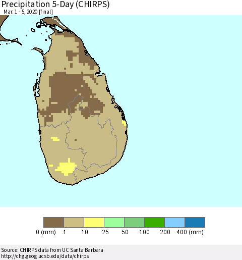 Sri Lanka Precipitation 5-Day (CHIRPS) Thematic Map For 3/1/2020 - 3/5/2020