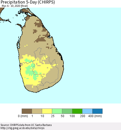 Sri Lanka Precipitation 5-Day (CHIRPS) Thematic Map For 3/6/2020 - 3/10/2020