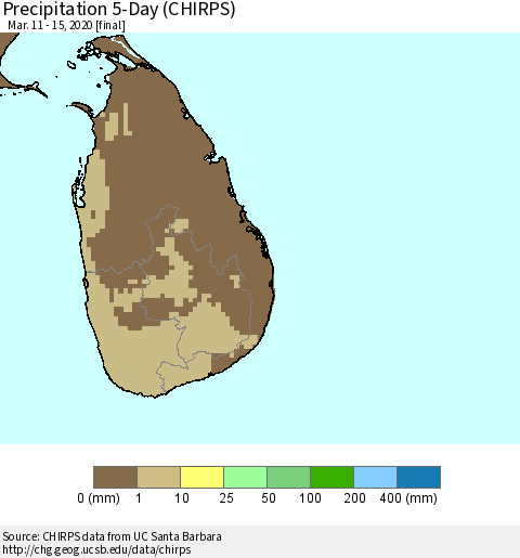 Sri Lanka Precipitation 5-Day (CHIRPS) Thematic Map For 3/11/2020 - 3/15/2020