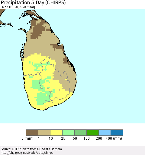 Sri Lanka Precipitation 5-Day (CHIRPS) Thematic Map For 3/16/2020 - 3/20/2020