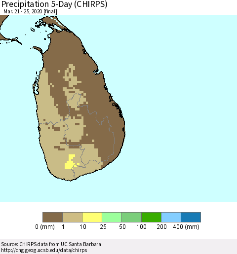 Sri Lanka Precipitation 5-Day (CHIRPS) Thematic Map For 3/21/2020 - 3/25/2020