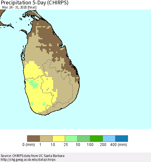 Sri Lanka Precipitation 5-Day (CHIRPS) Thematic Map For 3/26/2020 - 3/31/2020