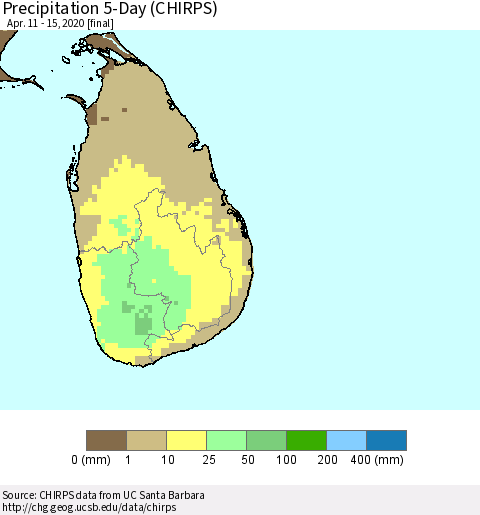 Sri Lanka Precipitation 5-Day (CHIRPS) Thematic Map For 4/11/2020 - 4/15/2020