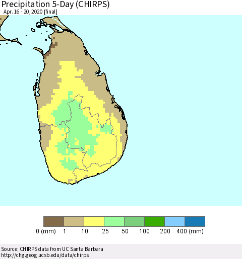 Sri Lanka Precipitation 5-Day (CHIRPS) Thematic Map For 4/16/2020 - 4/20/2020
