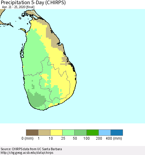 Sri Lanka Precipitation 5-Day (CHIRPS) Thematic Map For 4/21/2020 - 4/25/2020