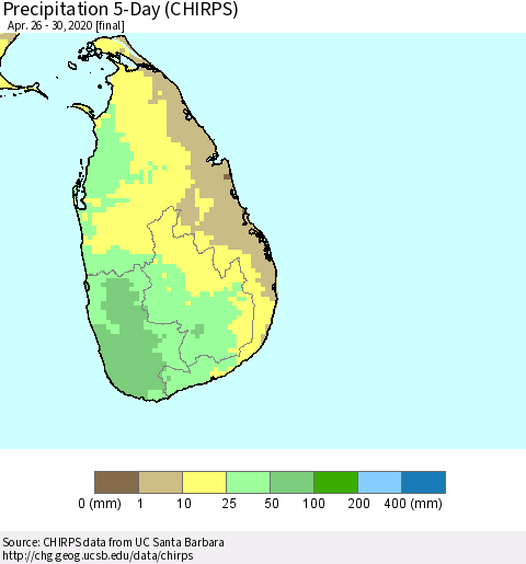 Sri Lanka Precipitation 5-Day (CHIRPS) Thematic Map For 4/26/2020 - 4/30/2020