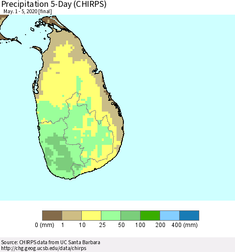 Sri Lanka Precipitation 5-Day (CHIRPS) Thematic Map For 5/1/2020 - 5/5/2020