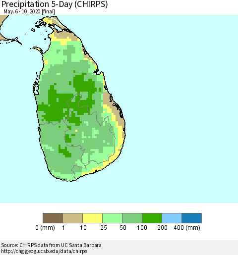 Sri Lanka Precipitation 5-Day (CHIRPS) Thematic Map For 5/6/2020 - 5/10/2020