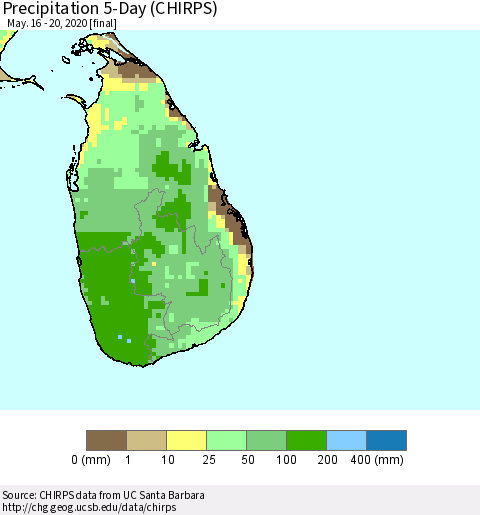 Sri Lanka Precipitation 5-Day (CHIRPS) Thematic Map For 5/16/2020 - 5/20/2020