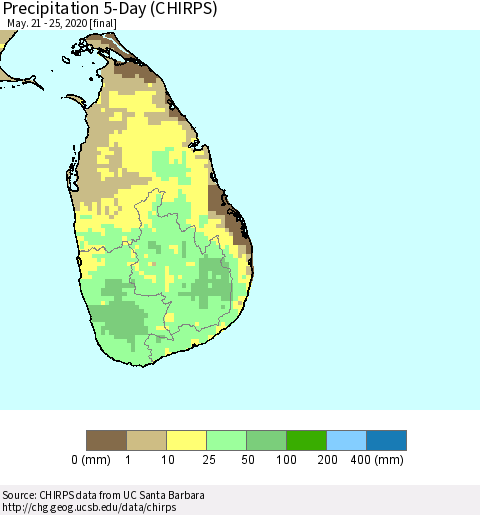 Sri Lanka Precipitation 5-Day (CHIRPS) Thematic Map For 5/21/2020 - 5/25/2020