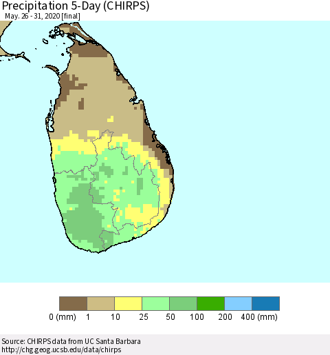 Sri Lanka Precipitation 5-Day (CHIRPS) Thematic Map For 5/26/2020 - 5/31/2020