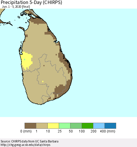 Sri Lanka Precipitation 5-Day (CHIRPS) Thematic Map For 6/1/2020 - 6/5/2020