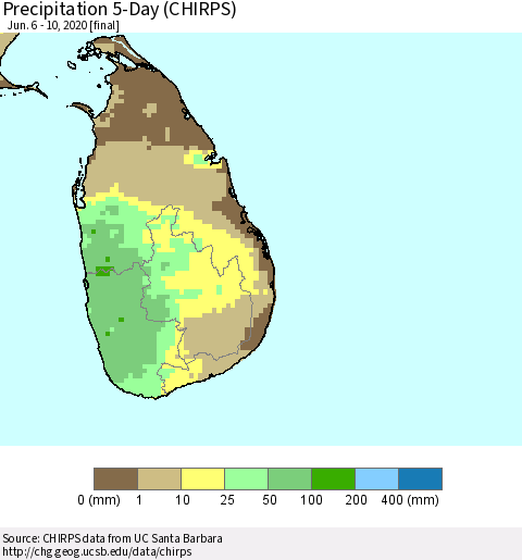 Sri Lanka Precipitation 5-Day (CHIRPS) Thematic Map For 6/6/2020 - 6/10/2020