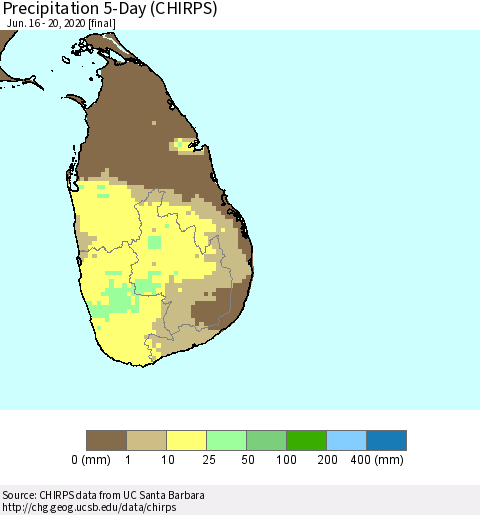 Sri Lanka Precipitation 5-Day (CHIRPS) Thematic Map For 6/16/2020 - 6/20/2020